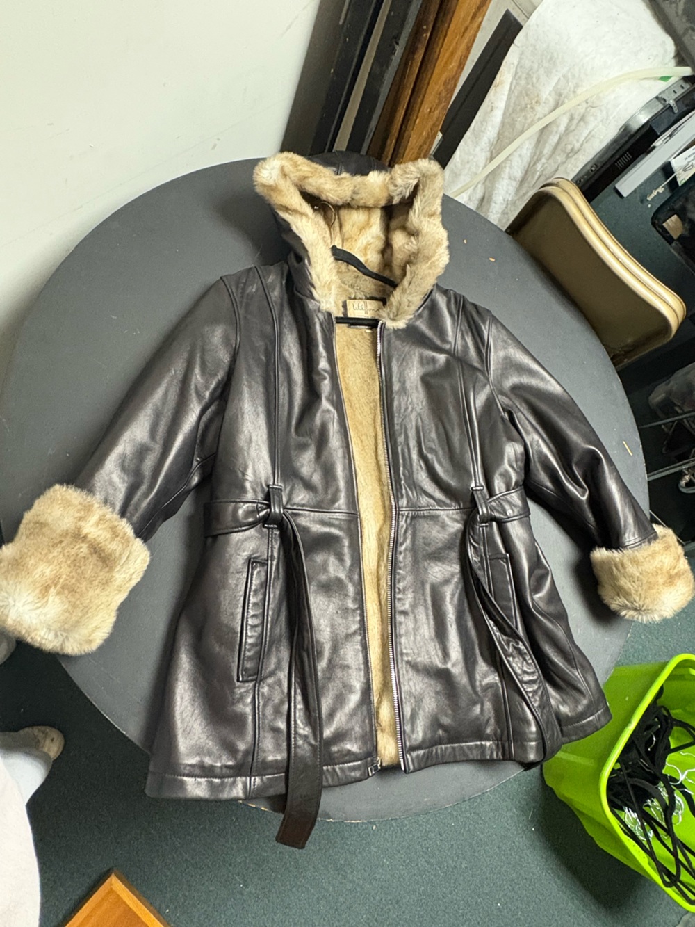 Wilson Black Leather Coat with Tan Faux Fur Trim